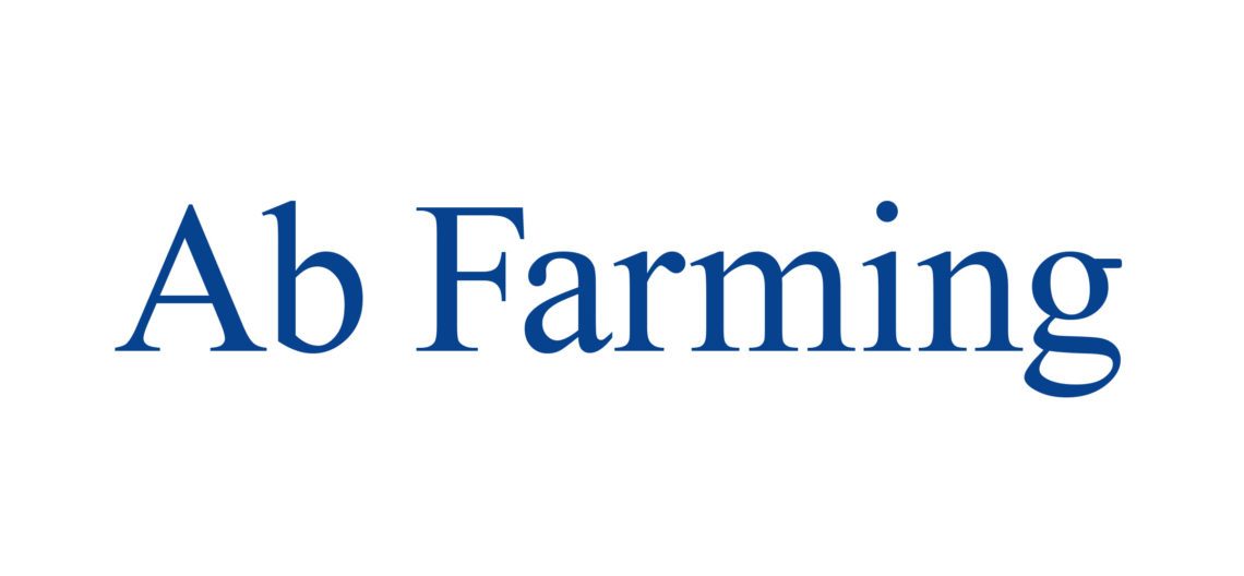 Orden "Ab Farming" visas i stort, blått serif-teckensnitt på vit bakgrund.