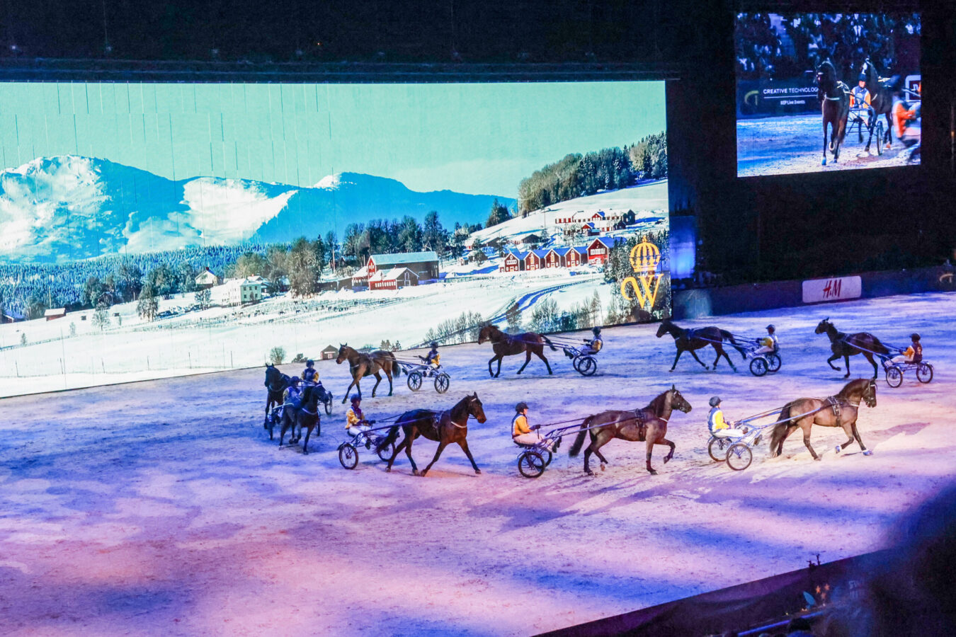 Nio travhästar körs i ring på en stor arena.