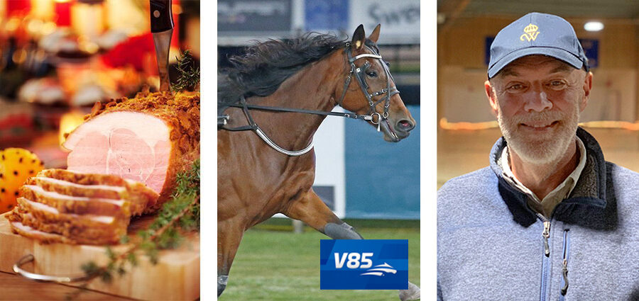 En skivad skinka på en skärbräda, en travhäst i rörelse och en äldre man i blå keps arrangerade i ett bildcollage.