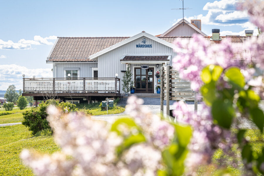 Ett Wärdshus med ljusgrå träfasad och tegeltak står på en gräsmatta med blommande syrenbuskar i förgrunden under en ljus, delvis molnig himmel.