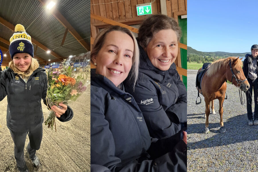 Tre bilder med glada personer i ridhus och utomhus med islandshäst.