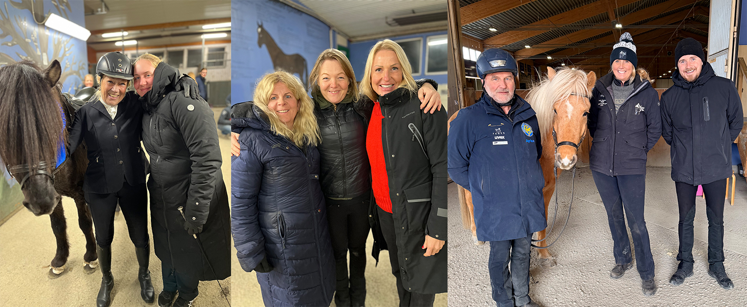 Kollage av tre bilder med glada människor i stallmiljö